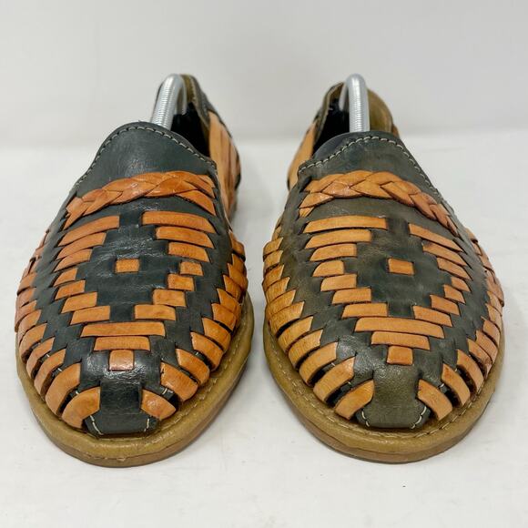 Colorful Leather Huaraches Size MX 5 US 7.5 Women Sandals Green Tan - Picture 3 of 7